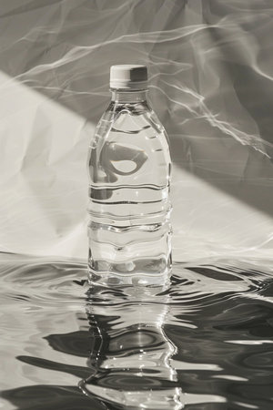 A transparent plastic bottle filled with water stands in rippling water, illuminated by strong light creating shadows against a textured backdrop.の素材