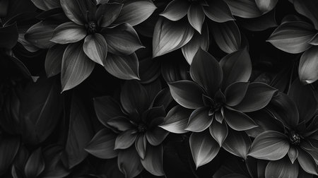 Macro view of dark black flowers showcasing intricate petal details and vibrant green leaves. A moody, elegant floral composition.の素材