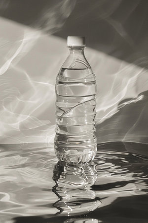 A clear plastic water bottle submerged in rippling water, with light reflecting on the surface and background.の素材
