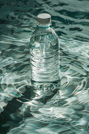 A clear plastic bottle filled with water floats on the surface of rippling water, catching sunlight.の素材