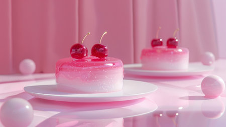 A visually appealing pink dessert topped with cherries and surrounded by decorative spheres on a pink surface, creating a sweet and charming aesthetic.の素材