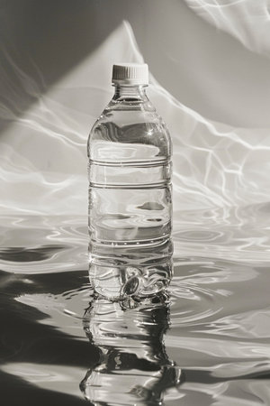 A transparent plastic bottle filled with clear water, floating on a wavy water surface creating light refractions and reflections.の素材