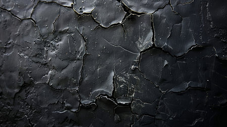 Detailed macro view of a dark, fractured surface, revealing intricate patterns and a rough, textured finish with light speckles.の素材