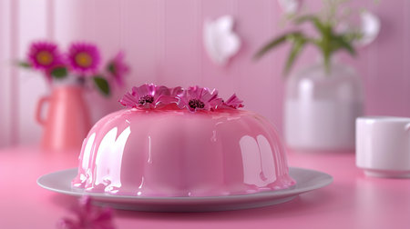 A beautiful pink jelly dessert with floral decorations on a plate, set against a soft, blurred pastel background. Sweet treat.の素材