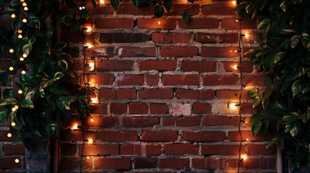 A rustic brick wall adorned with fairy lights and vibrant green ivy vines, casting a warm and intimate glow.の素材
