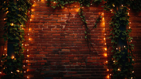 Rustic brick wall adorned with vibrant green ivy and warm, twinkling string lights, creating a cozy and inviting atmosphere.の素材