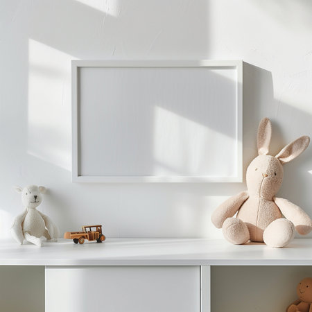 A minimalist nursery shelf with cute stuffed animals, a wooden toy truck, and a blank frame. Soft light and shadows create a serene atmosphere.の素材