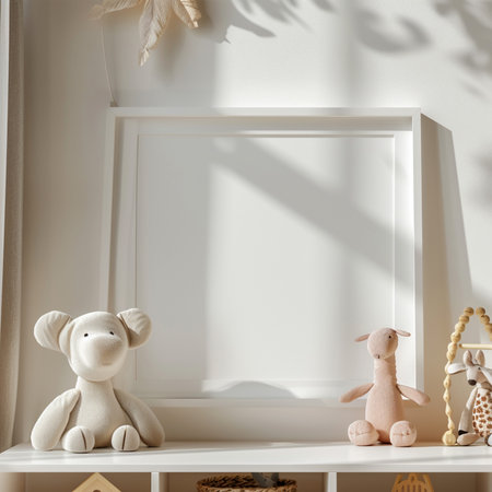 A light and airy nursery shelf displays cute stuffed animals and a blank frame, illuminated by gentle sunlight and dappled shadows.の素材
