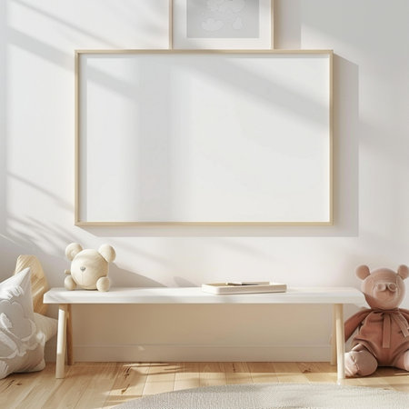 A warm and inviting nursery setting featuring a large blank frame, cute teddy bears, and natural light casting shadows on a wooden floor.の素材