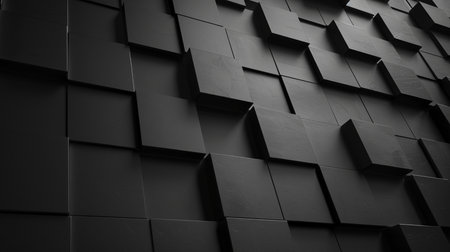 A 3D abstract background featuring a pattern of dark geometric cubes with a realistic texture and dramatic lighting effects.の素材