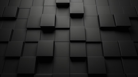 A dark 3D abstract background composed of geometric cubes arranged in a dynamic, dimensional pattern with dramatic lighting and deep shadows.の素材