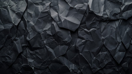 Close-up view of a dark gray crumpled paper texture, showing intricate folds and deep shadows, perfect for abstract backgrounds.の素材