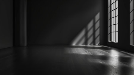 An empty, dark industrial space with high ceilings and large grid windows, sunlight streams through creating dramatic light and shadow patterns.の素材