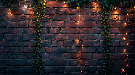A moody, dark brick wall adorned with lush green ivy and festive warm fairy lights, creating a cozy and inviting atmosphere.の素材