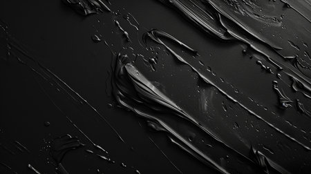 Close-up view of a glossy black textured surface featuring abstract swirls, streaks, and small droplets, creating a dynamic and sophisticated background.の素材