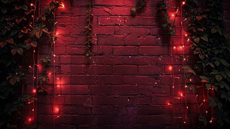 A textured dark red brick wall is adorned with lush green ivy and glowing red fairy lights, creating a moody and atmospheric backdrop.の素材