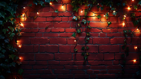 Warm string lights cast a soft glow on a textured red brick wall entwined with lush green ivy, creating a charming evening atmosphere.の素材