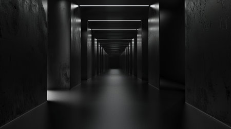 A long, dark, modern architectural hallway or corridor with sleek lines, subtle overhead lighting, and a minimalist perspective view.の素材
