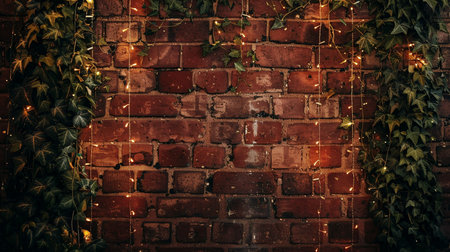 A textured dark red brick wall adorned with dense green ivy vines and delicate fairy lights, offering a moody, organic backdrop.の素材