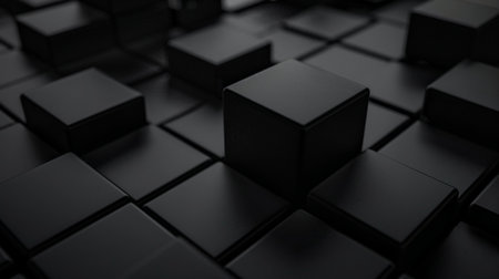 An abstract 3D render of a dark black cube grid with varying heights and soft lighting, creating a sense of depth.の素材