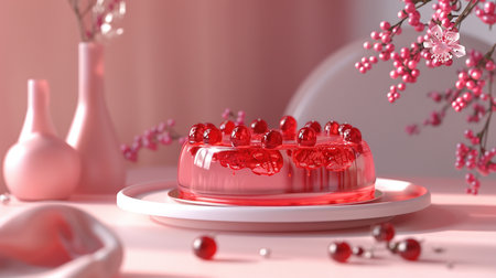 Close-up of a beautifully crafted pink jelly dessert, topped with ripe red berries and delicate cherry blossoms, presented on a white plate.の素材