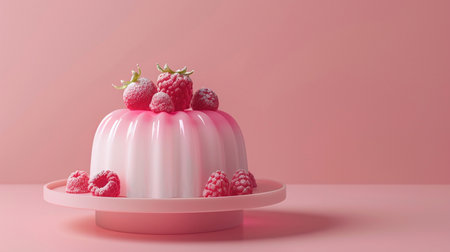 A beautiful pink and white jelly dessert adorned with fresh raspberries and a dusting of powdered sugar, presented on a pink stand.の素材