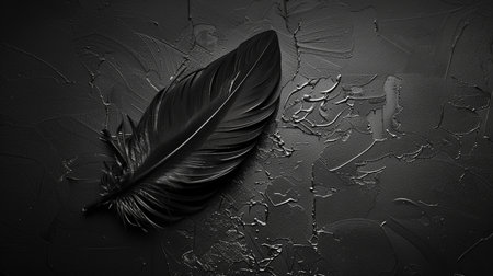 A detailed macro shot of a solitary black feather on a rough, dark gray textured background, emphasizing light and shadow.の素材