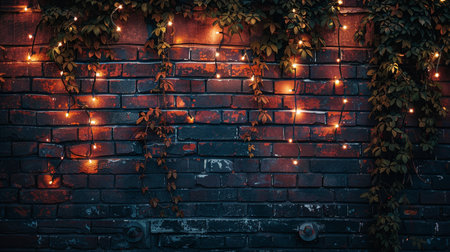 A moody, atmospheric shot of a dark red brick wall adorned with green ivy and illuminated by warm fairy lights.の素材
