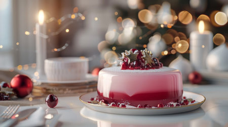 A beautifully decorated Christmas cake topped with pomegranate and stars, set against a backdrop of twinkling holiday lights and lit candles.の素材