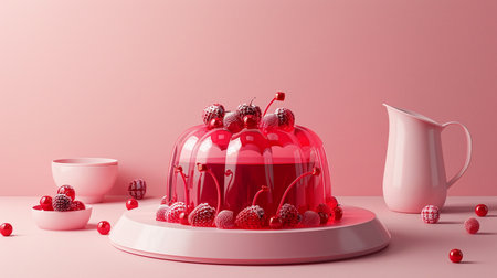 A visually appealing pink jelly dessert adorned with fresh cherries and strawberries, presented on a white plate alongside a pink pitcher.の素材