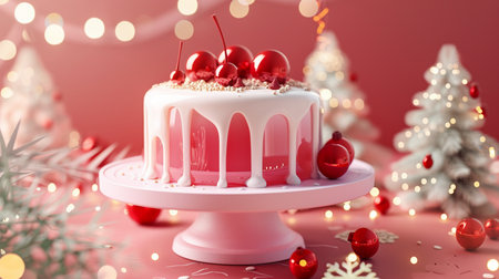 A beautiful festive Christmas cake with white icing drips, adorned with red cherries and sprinkles, set against a backdrop of soft lights and ornaments.の素材