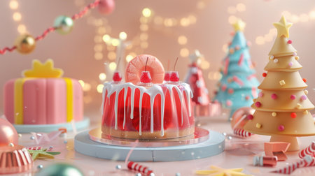 A delightful Christmas dessert scene featuring a shimmering Jell-O cake, festive trees, and a charming gift box, set against a bokeh background.の素材