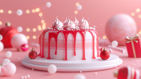 A beautifully decorated pink Christmas cake with red frosting drips and festive ornaments, set against a soft pink background with bokeh lights.の素材