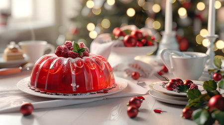 A beautiful close-up of a red raspberry jelly dessert on a plate, decorated with fresh raspberries and sugar, set for a holiday meal.の素材