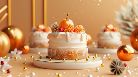 A beautifully decorated layered cake with citrus fruits and berries, presented with festive golden decorations and a magical sparkle.の素材