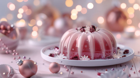 A beautiful pink gelatin dessert adorned with berries and snowflake decorations, set against a backdrop of soft, glowing bokeh lights.の素材