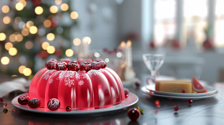 A glistening red jelly dessert topped with cranberries and powdered sugar, set against a festive bokeh background of Christmas lights.の素材