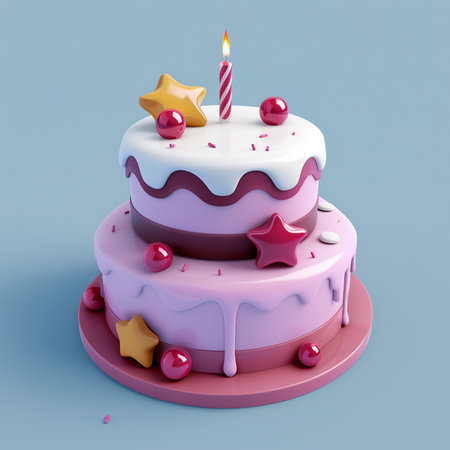 A charming two-tiered birthday cake, adorned with bright stars, shiny spheres, and a single lit candle, perfect for any celebration.の素材