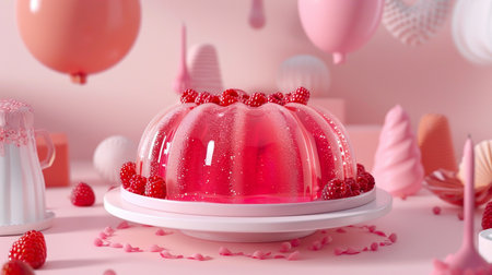 A vibrant raspberry jelly dessert topped with fresh raspberries and surrounded by delicate pink decorations, set against a soft pink background.の素材