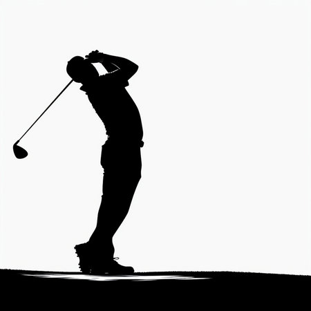 Silhouette of a male golfer captured mid-swing during the backswing, set against a clean white backdrop with a grassy field below.の素材