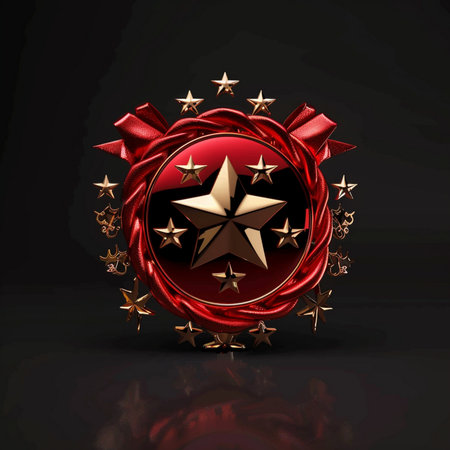 A circular emblem featuring golden stars and red ribbon accents, presented on a dark, reflective surface.の素材