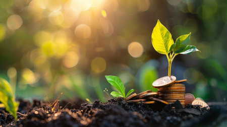 A young plant emerges from a pile of coins in the earth, bathed in warm sunlight with a blurred background.の素材
