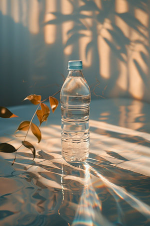 A clear plastic water bottle filled with water sits on a reflective surface, illuminated by dramatic shadows and light refractions.の素材