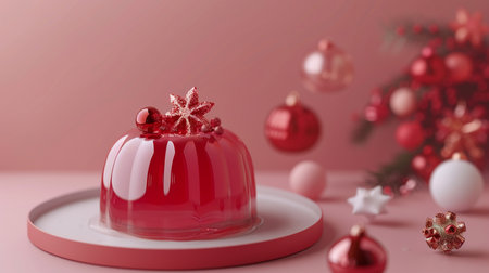 A beautifully decorated red jelly dessert, topped with a sparkling star and berries, surrounded by festive Christmas ornaments against a soft pink backdrop.の素材