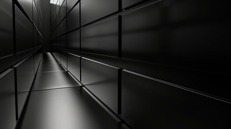 A dark, metallic corridor with a futuristic design, featuring geometric panels and subtle lighting, receding into a dark background.の素材