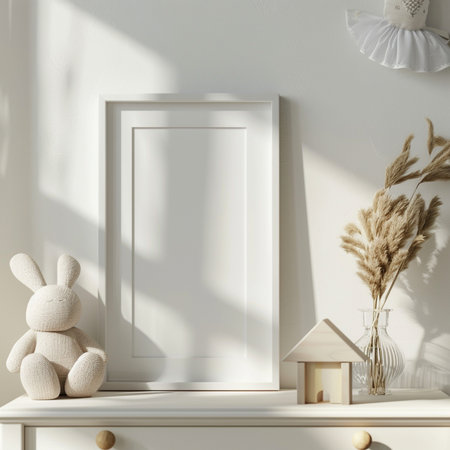 A clean, bright nursery shelf with a white framed picture, a soft bunny plushie, dried grass, and a mini wooden house.の素材