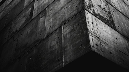 A detailed, high-contrast black and white view of a modern concrete structure's corner, highlighting its raw texture and strong lines.の素材