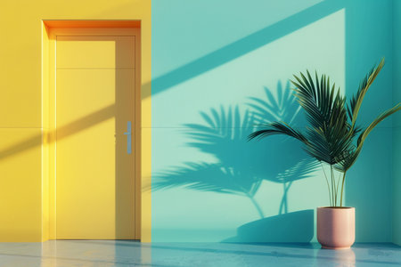 A bright interior scene featuring a yellow door, a lush tropical plant in a pot, and dramatic shadows cast on a teal wall.の素材