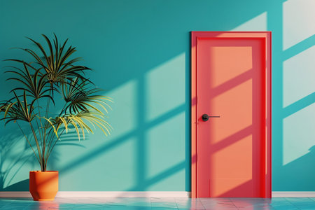 Interior scene featuring a coral pink door and a palm plant, with strong shadows on a teal wall. Minimalist design.の素材