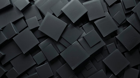 A detailed, abstract background composed of numerous dark gray 3D cubes, randomly scattered and overlapping in a dynamic composition.の素材